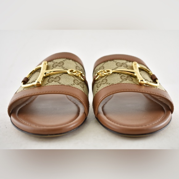 Gucci Alfa Gold Horsebit Brown GG Canvas Logo Leather Mule Flat Slip Sandal 37.5 - Picture 9 of 16